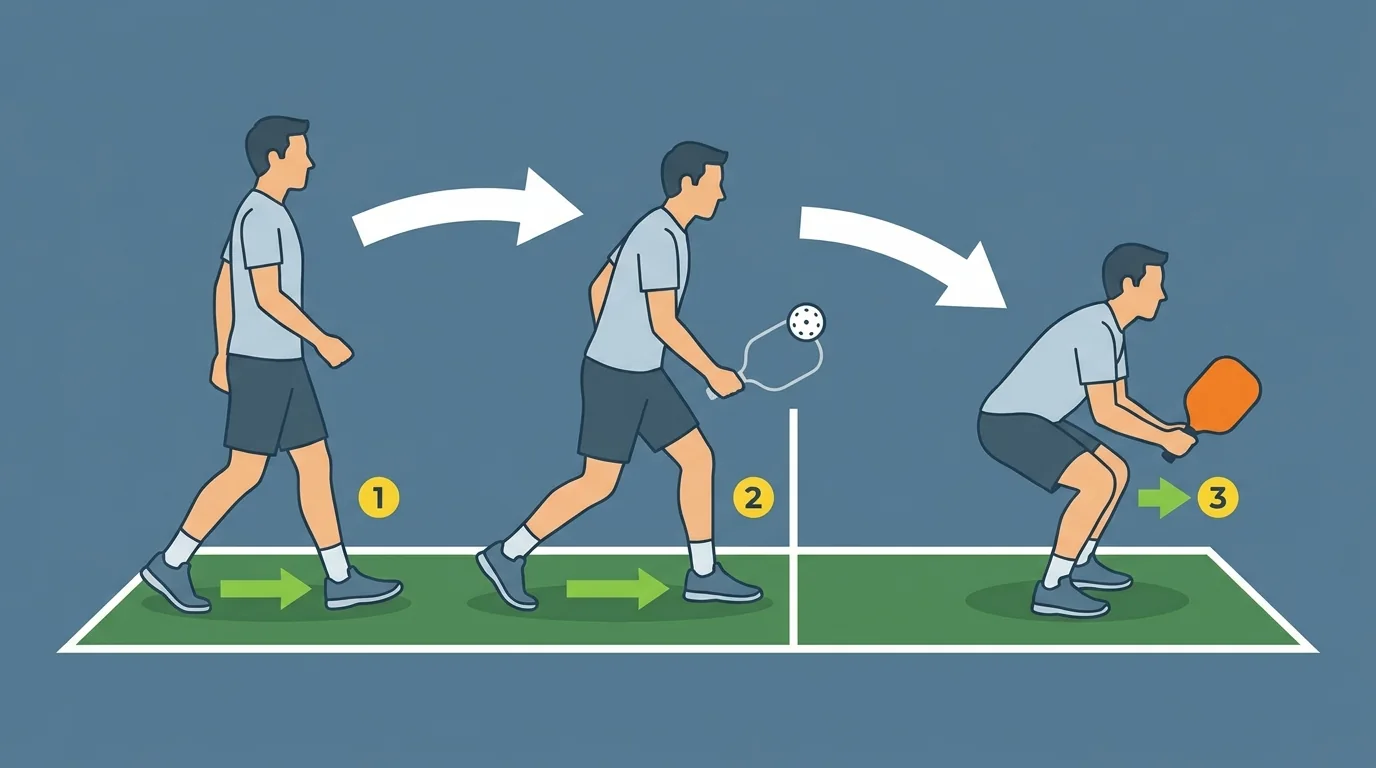 Footwork sequence showing controlled steps and a split-step at opponent contact