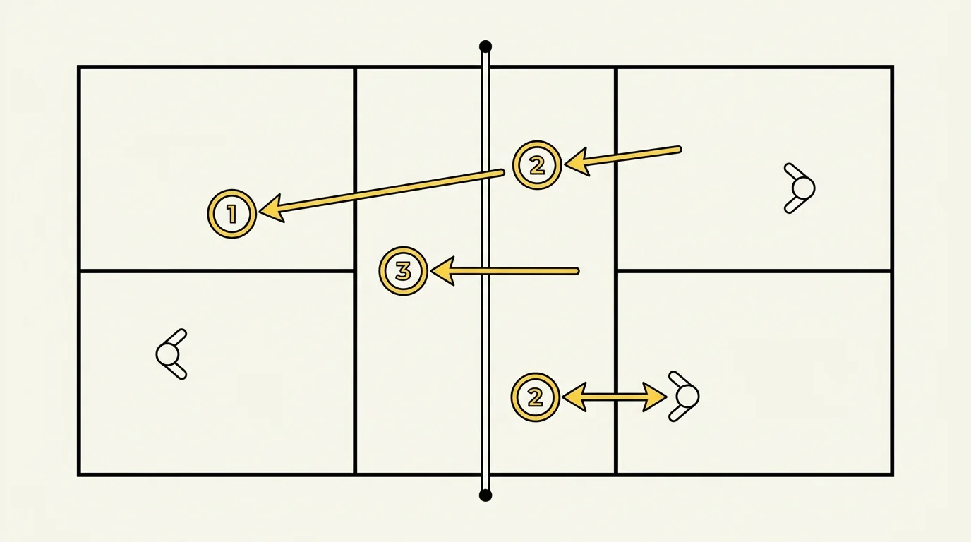 Overhead pickleball court diagram showing third-shot drive target zones