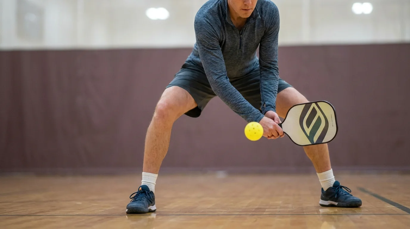 Pickleball player in balanced stance preparing a controlled third-shot drive