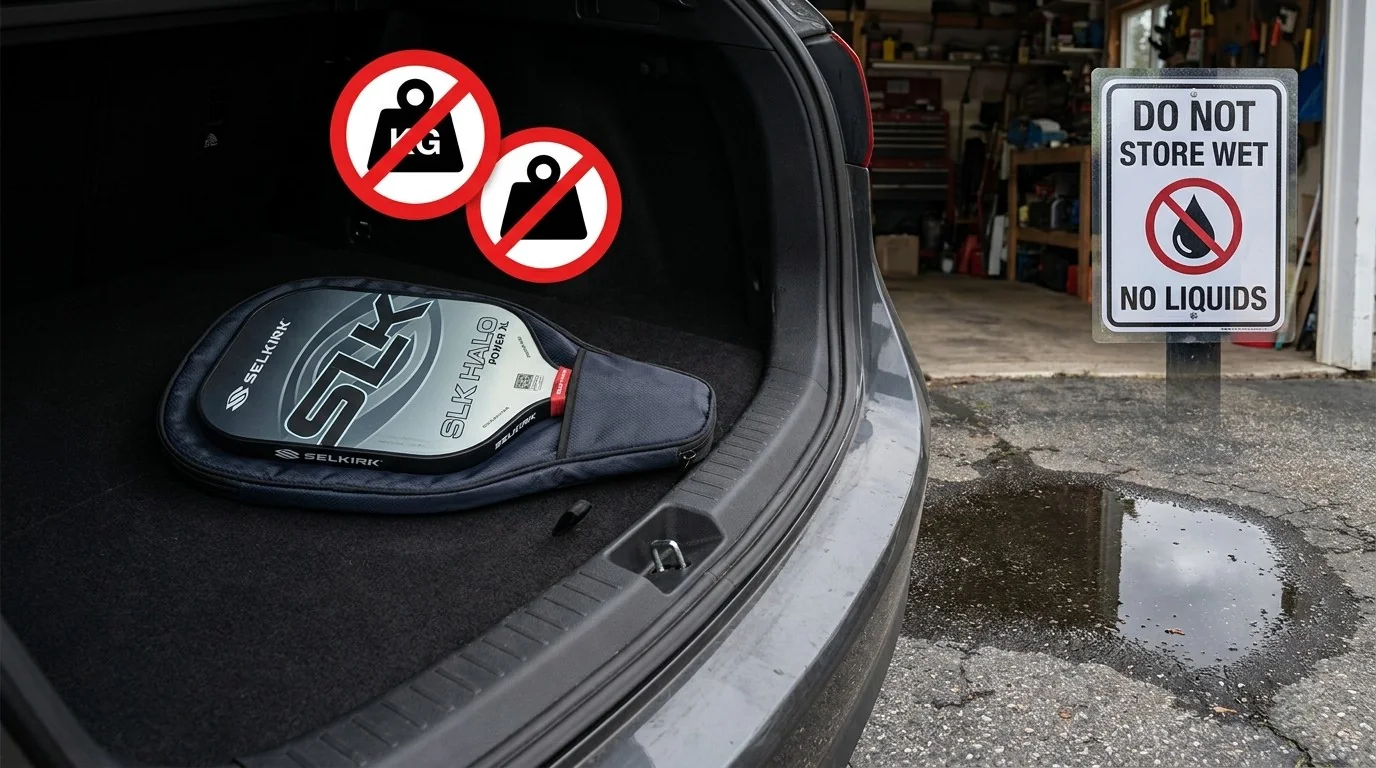 Protected paddle cover placed safely away from heavy objects, car heat, and wet surfaces