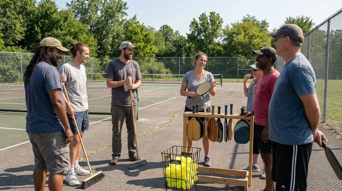 Grupo diverso de voluntarios conversa junto a una pista de pickleball después de una sesión
