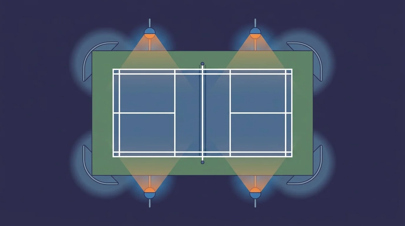 Schema aerien d'un court, du filet et des zones eclairees