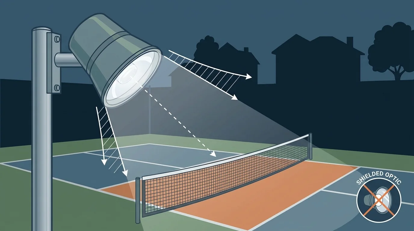 Projecteur protege oriente vers le court, sans debordement vers les maisons