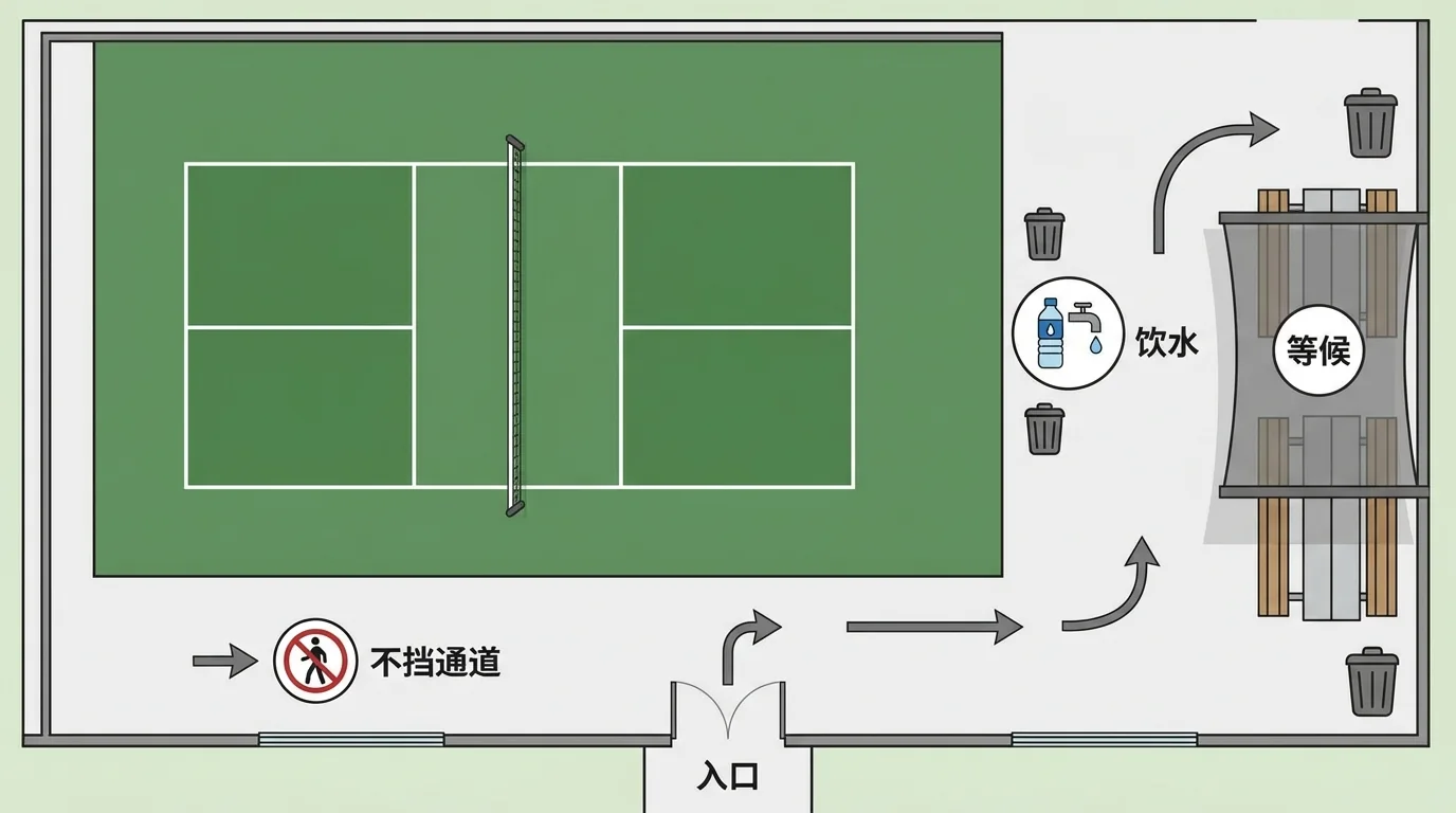 社区匹克球场补水站的安全动线示意图