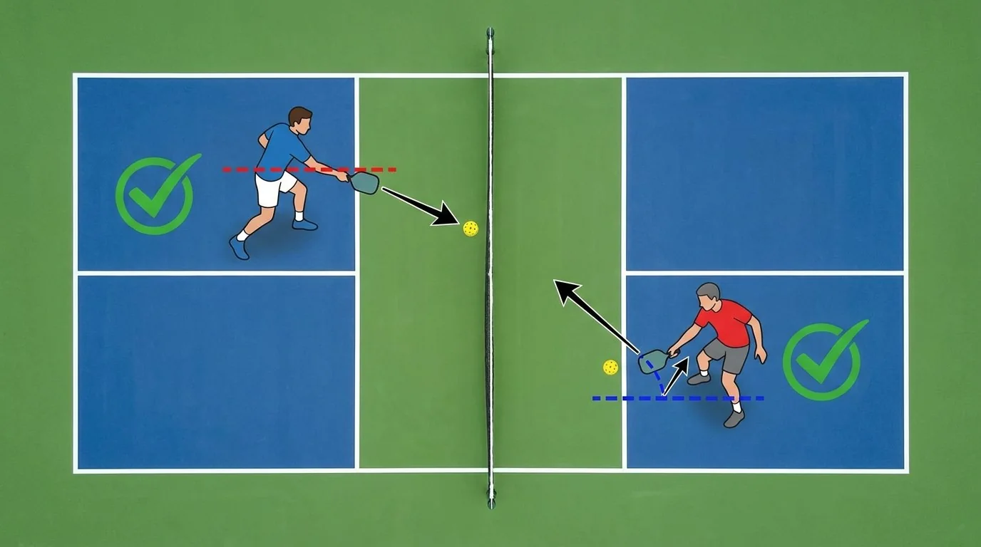 Visão superior comparando as condições do volley serve e do drop serve