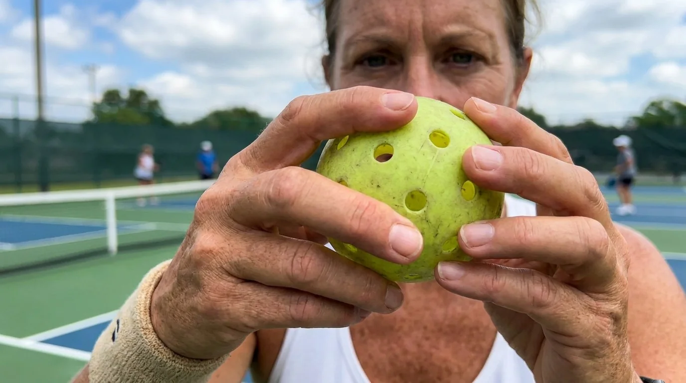 Spielerin prüft einen neutralen Pickleball vor dem Spiel