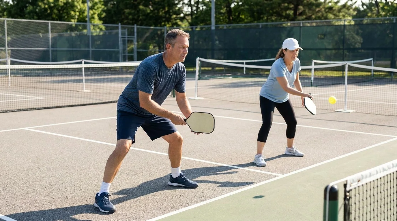 Pickleball-Partner üben den Reset mit stabiler Fußarbeit