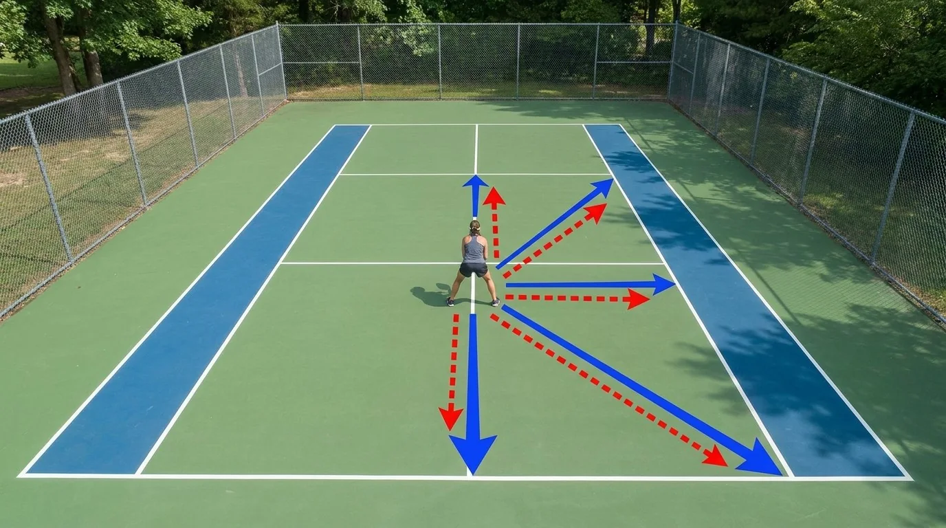 Five-direction pickleball footwork drill with lunge and load recovery paths