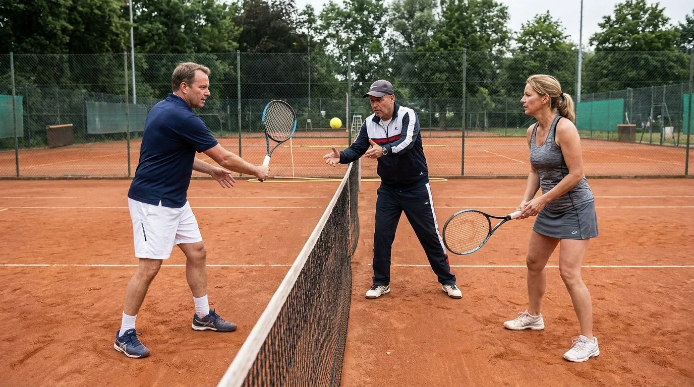 Pareja practicando la decisión entre topspin y slice con un entrenador