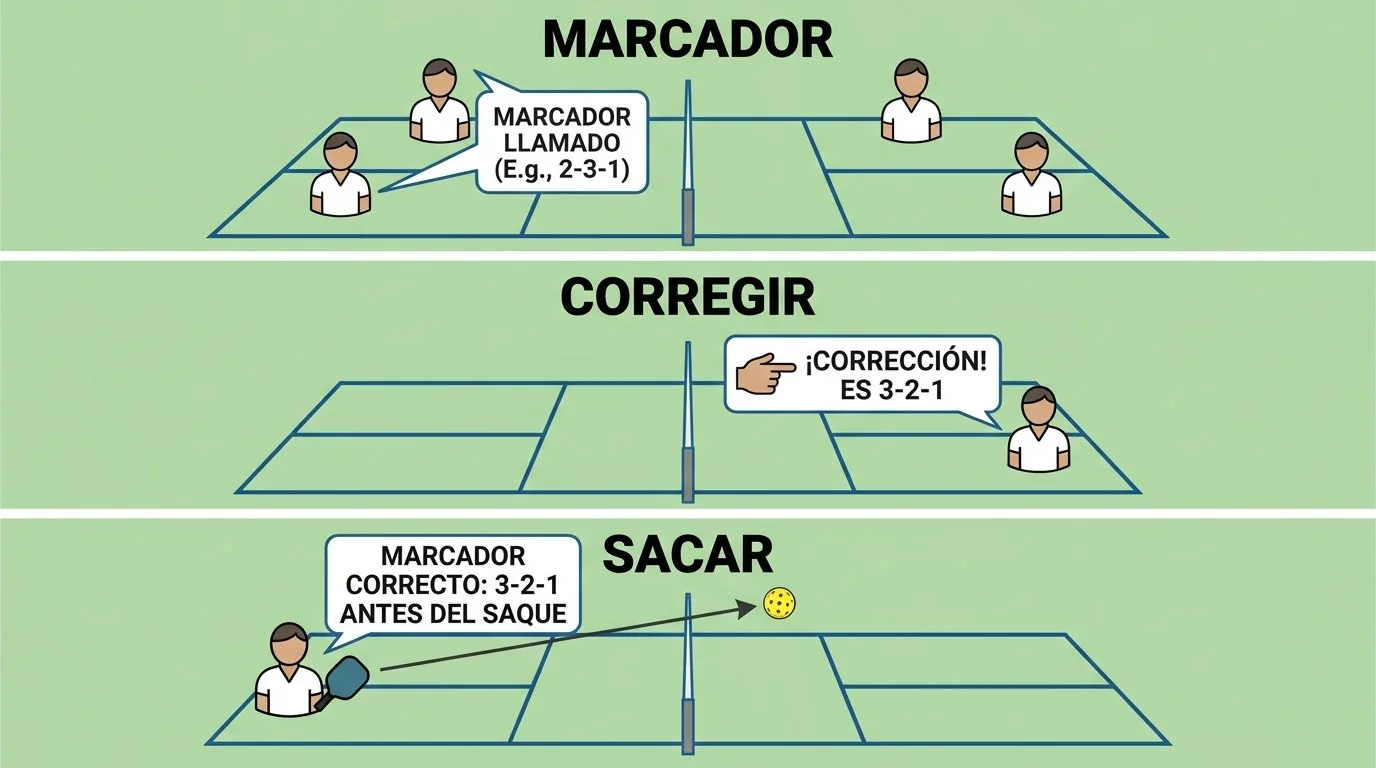 Secuencia de tres pasos para corregir el marcador antes del saque