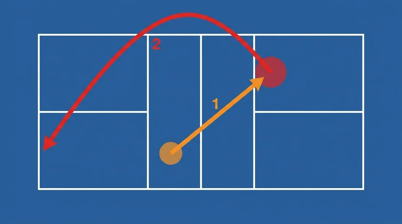 Schema de la trajectoire dun amorti puis dun lob offensif vers le fond du court