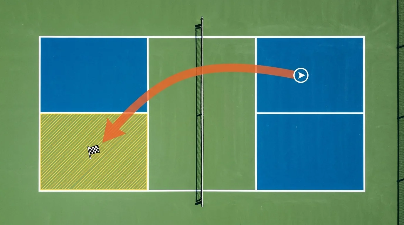 Schematische Trainingsansicht mit Ballweg und Zielzone auf einem Pickleballfeld
