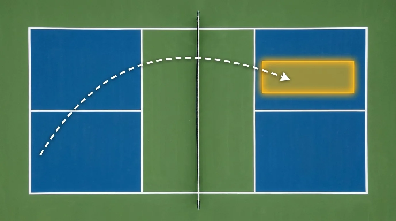 Schematische Trainingsansicht mit Ballweg und Zielzone auf einem Pickleballfeld