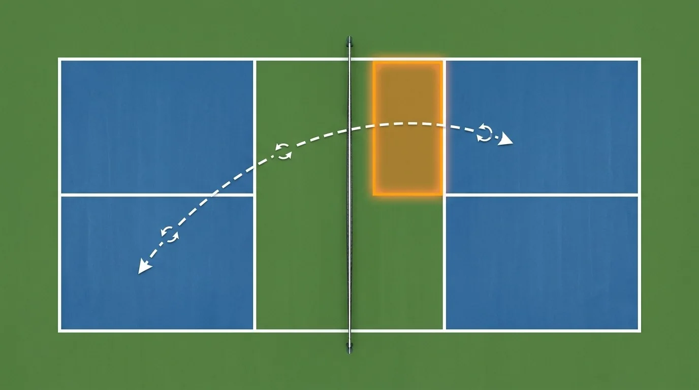 Schematische Trainingsansicht mit Ballweg und Zielzone auf einem Pickleballfeld