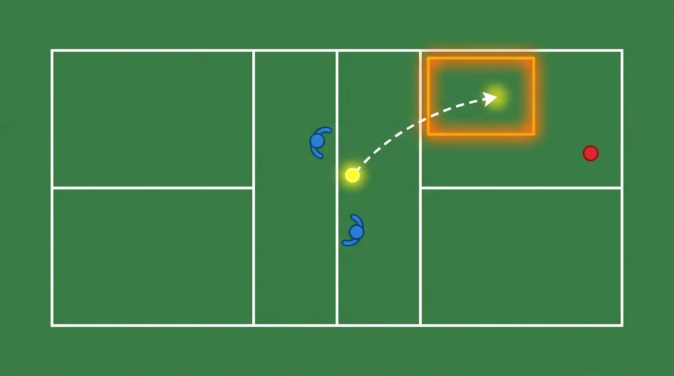 Schematische Trainingsansicht mit Ballweg und Zielzone auf einem Pickleballfeld