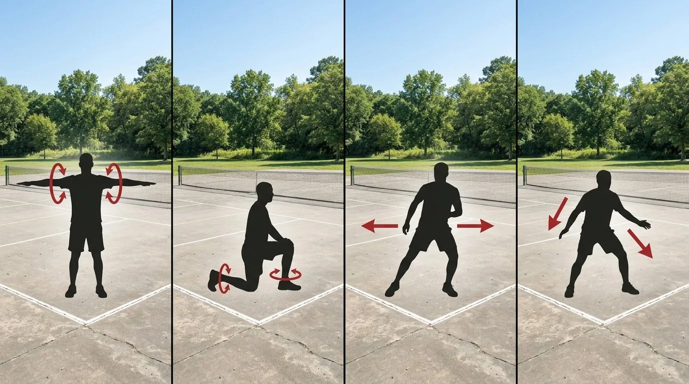 Sequência visual de movimentos de aquecimento para pickleball