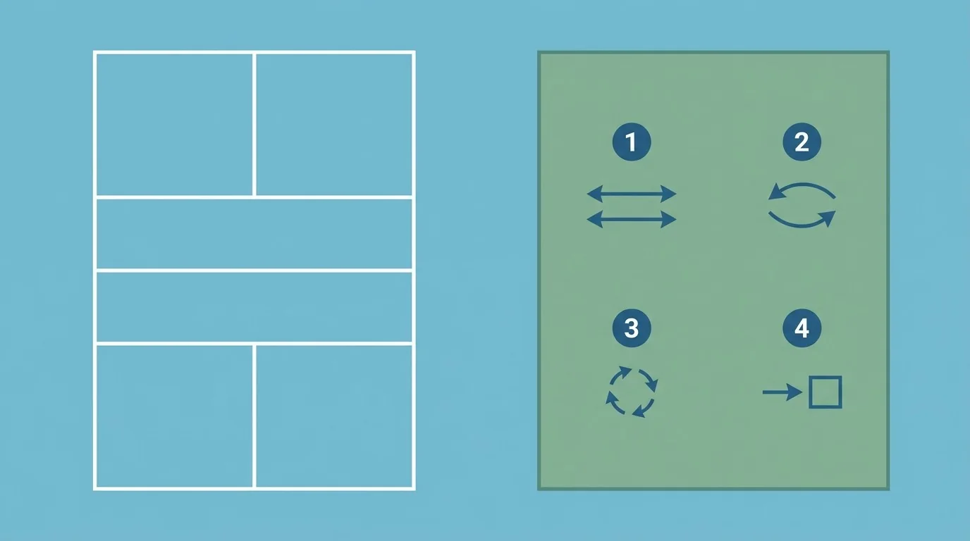 Schematische Draufsicht mit vier visuellen Markern für die Aufwärmbewegungen