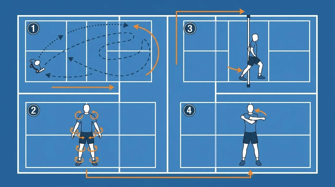 Overhead diagram of a gradual pickleball recovery sequence