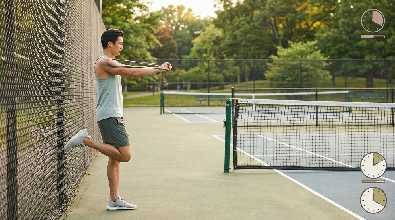 Gentle calf and shoulder mobility beside a pickleball court