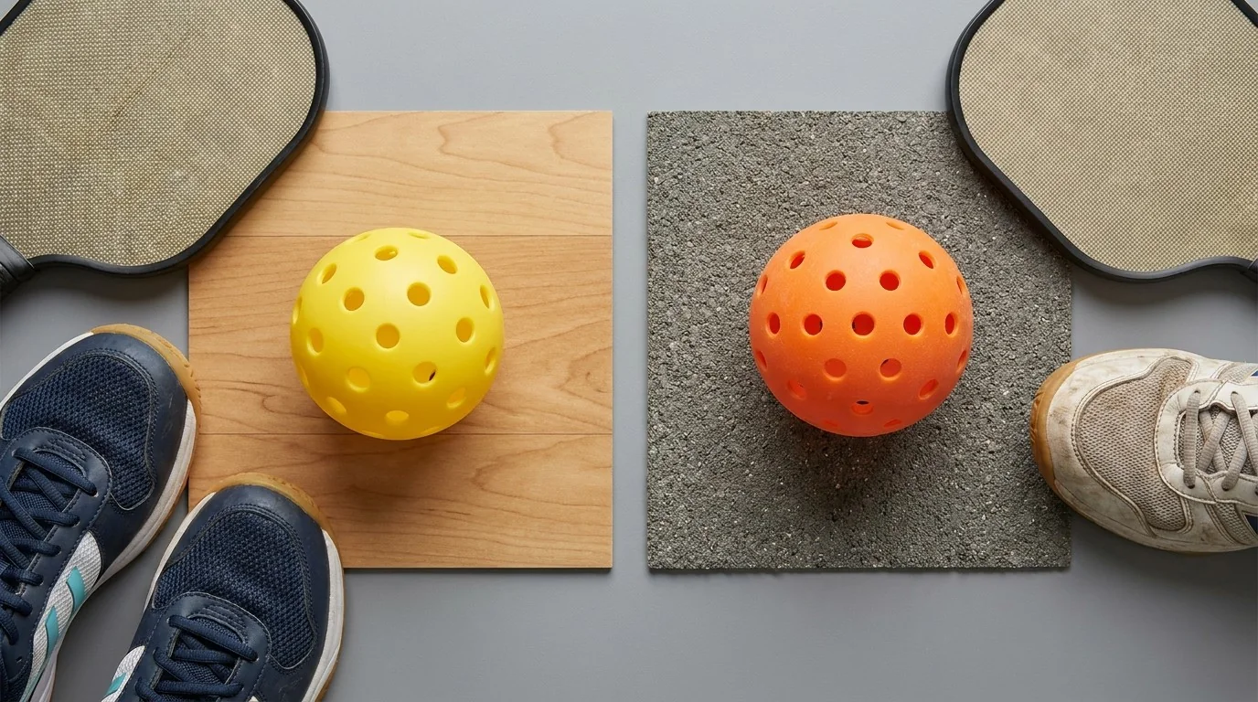 Comparación visual entre pelota de interior y pelota de exterior junto a distintas superficies
