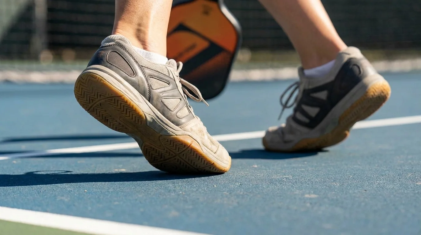 Pies con zapatillas de pista realizando un desplazamiento lateral en una cancha de pickleball
