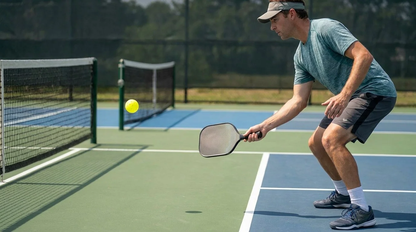 Jogador em posicao baixa preparando um reset no pickleball