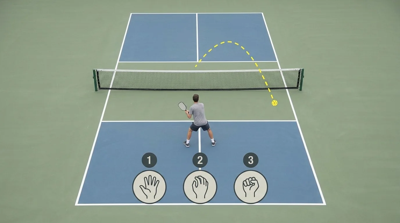Schematische Pickleball-Ansicht mit visuellen Markierungen für lockere und festere Griffspannung
