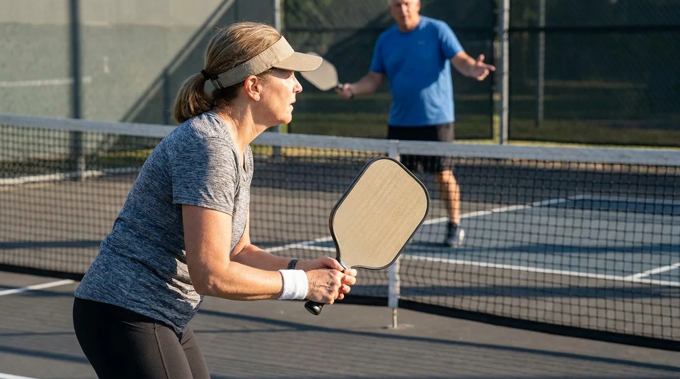 Três formatos de raquete de pickleball vistos de cima, do mais largo ao mais comprido