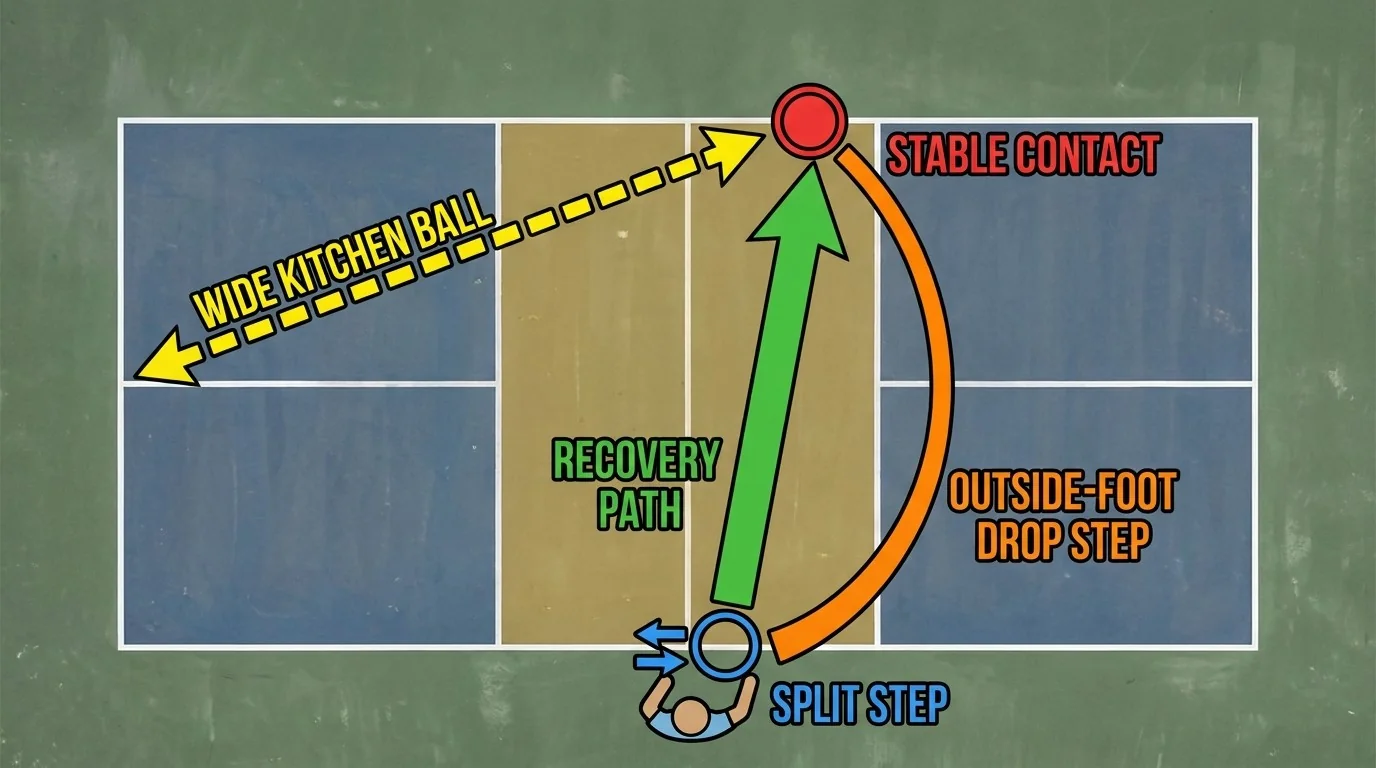 Overhead pickleball diagram showing a third-shot drop arc into the kitchen
