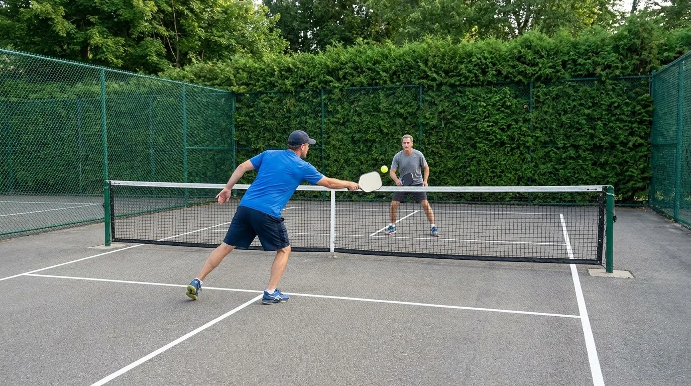 Pickleball practice scene showing forward movement after a third-shot drop