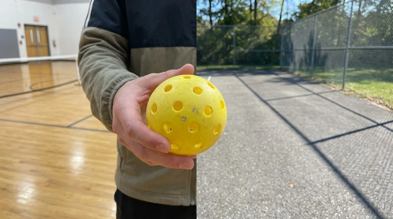 Jogador inspecionando uma bola de pickleball antes de jogar