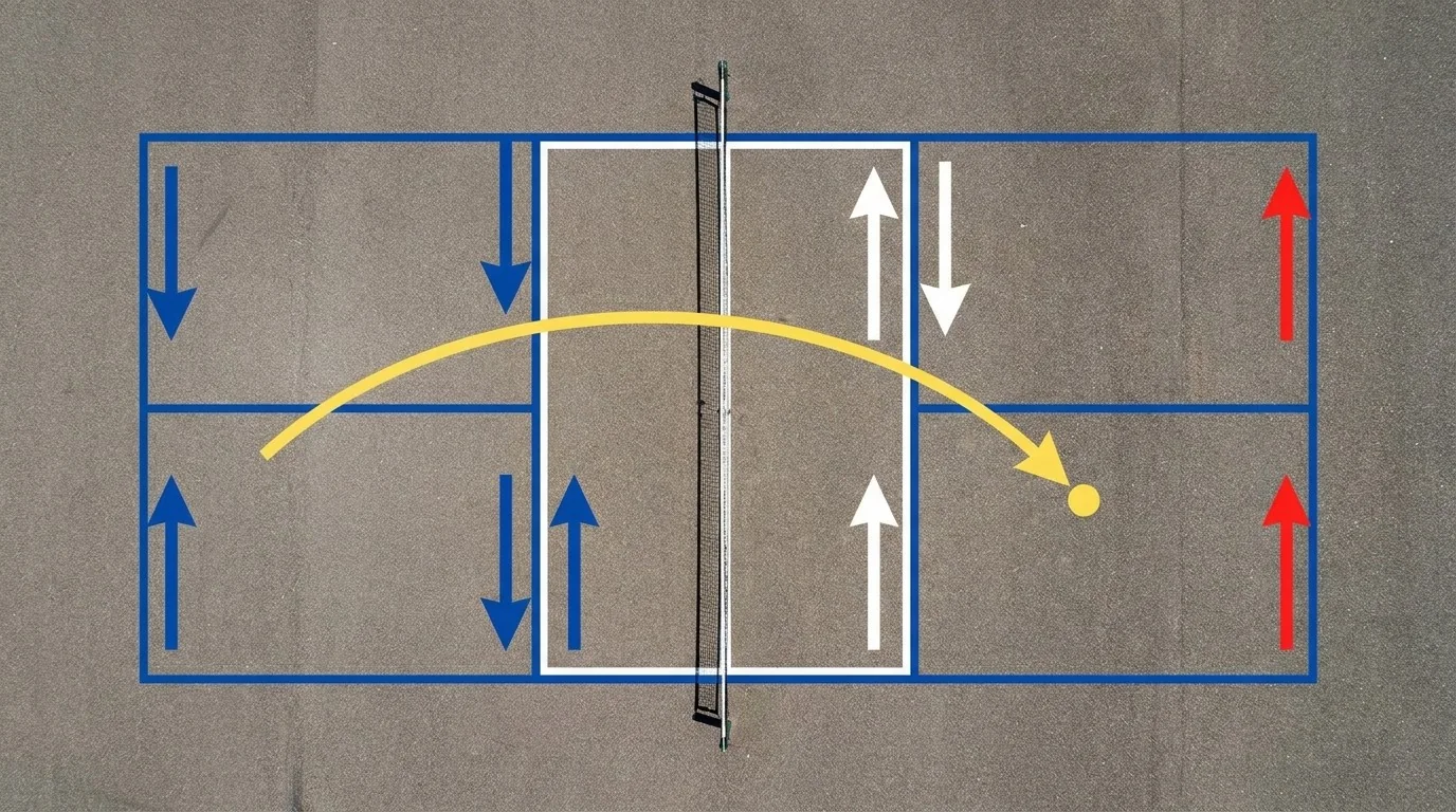 Draufsicht auf einen kontrollierten Drive aus der Pickleball-Übergangszone