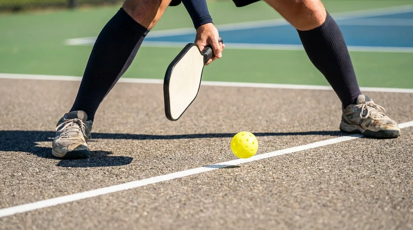 Niedrige Split-Step-Bereitschaft mit Paddle vor dem Körper im Pickleball
