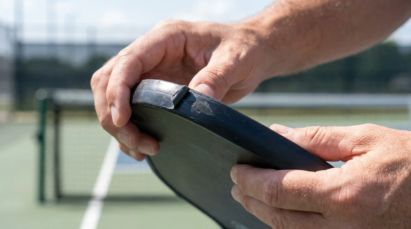 Inspeção aproximada de uma seção levantada do protetor de borda de uma raquete de pickleball