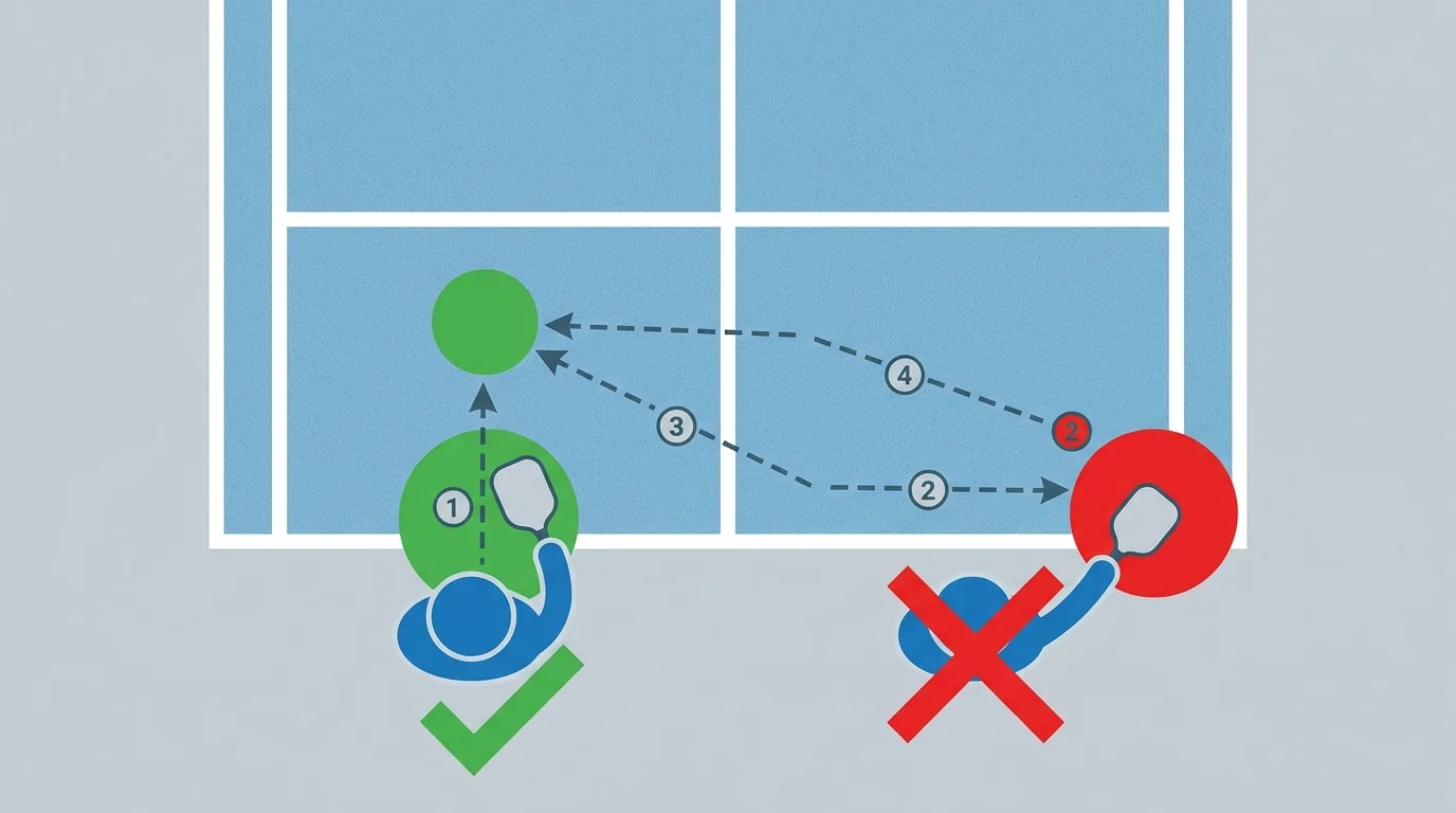 Top-down pickleball diagram contrasting balanced contact in front with a reaching contact beside the hip