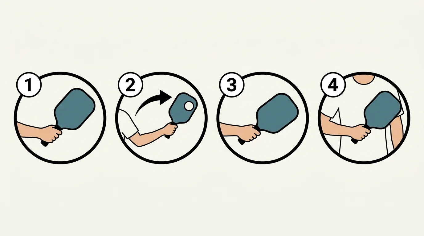 Close-up instructional diagram of compact backhand dink preparation, shoulder-led path, stable face, and recovery