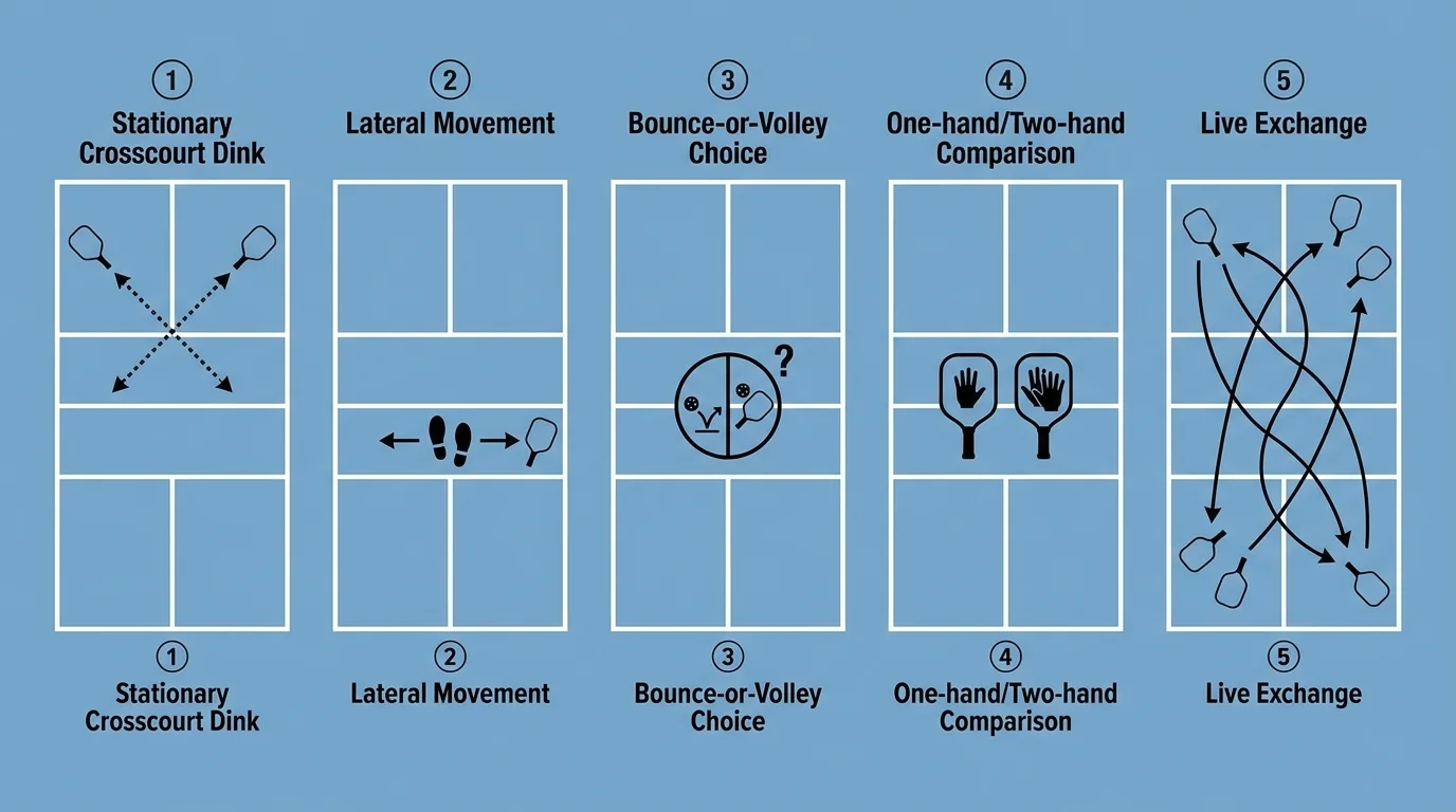 Top-down pickleball practice progression diagram with five numbered training stations