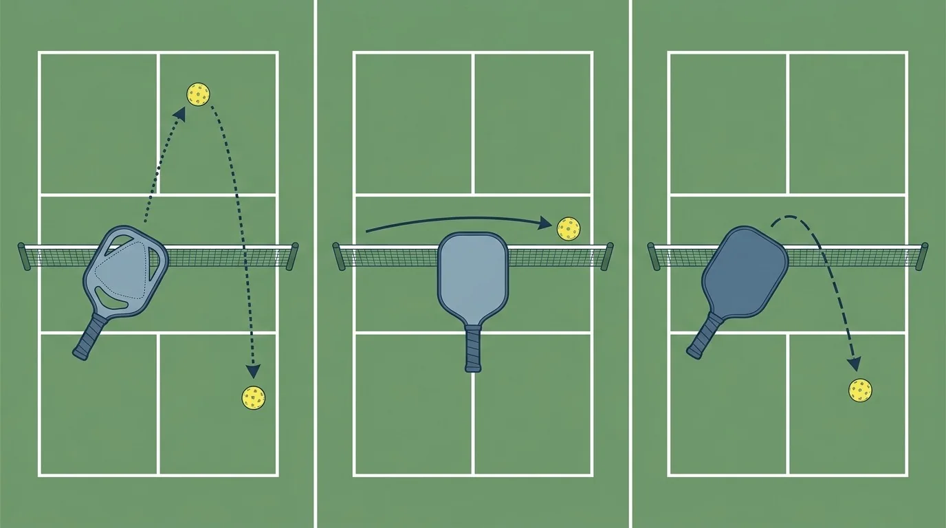 Overhead diagram showing open, neutral, and closed pickleball paddle faces