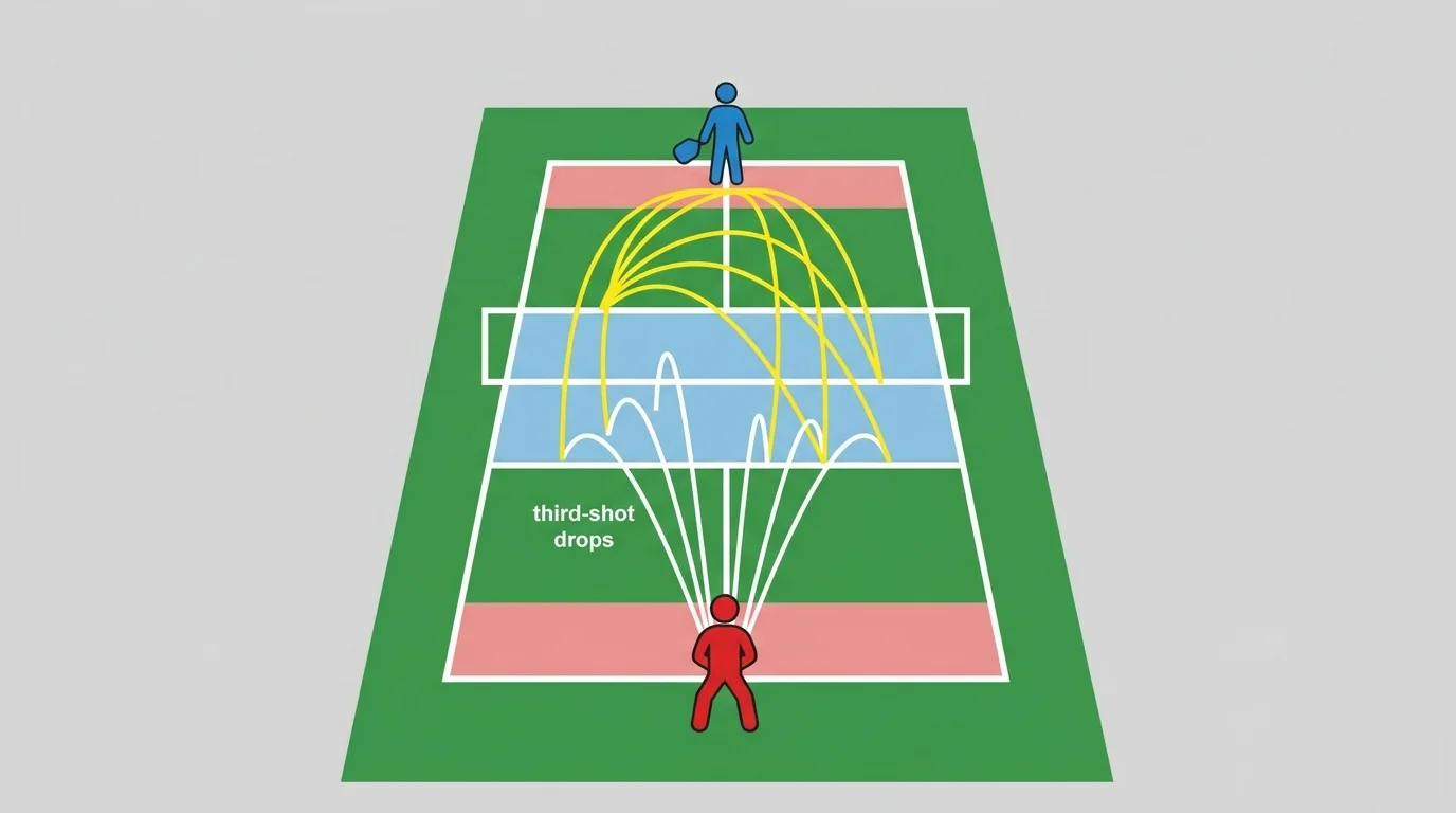 Progressive third-shot drop practice from baseline to kitchen line
