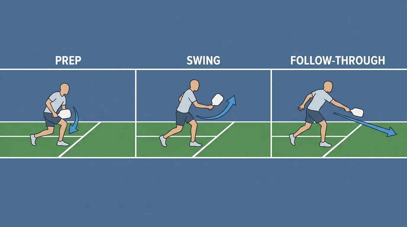 Side-view coaching diagram of a pickleball drop shot with a longer follow-through