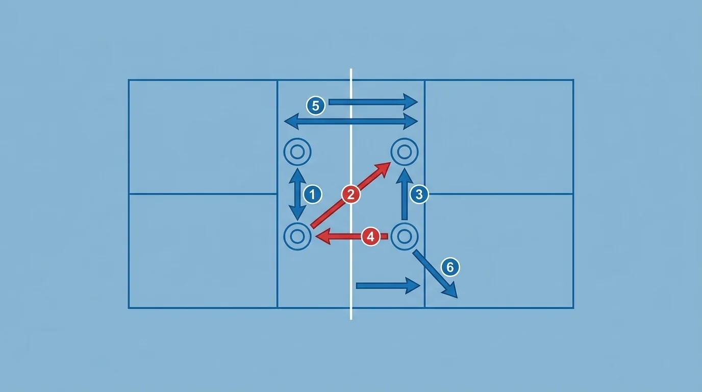 Overhead court sequence for dinks, speed-up, block, counter, and partner recovery