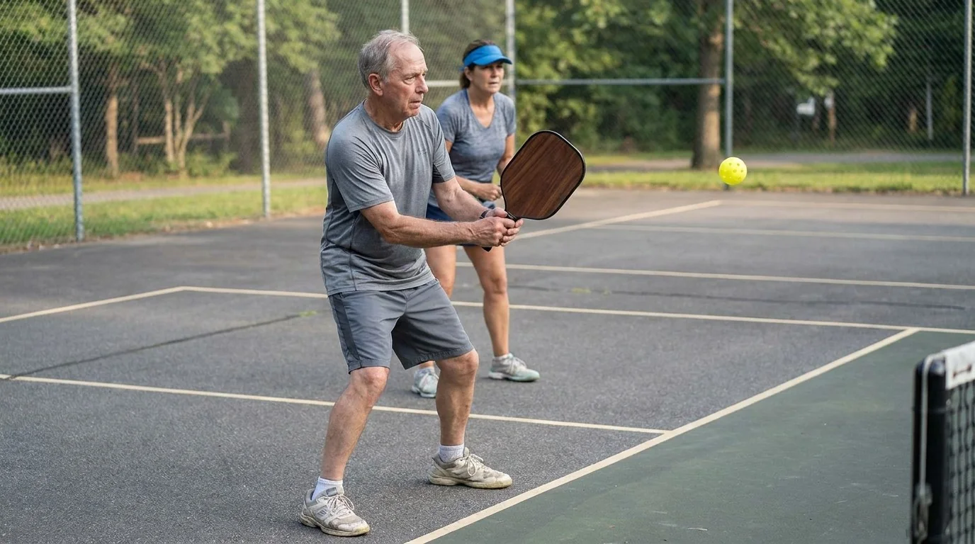 Kitchen-line player using a compact defensive block while a partner protects the middle