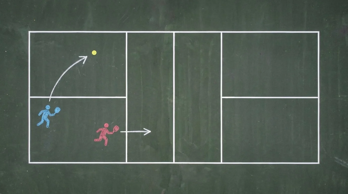 Aufsicht auf ein Pickleball-Doppel mit klarer Ballzuordnung und Raumabdeckung