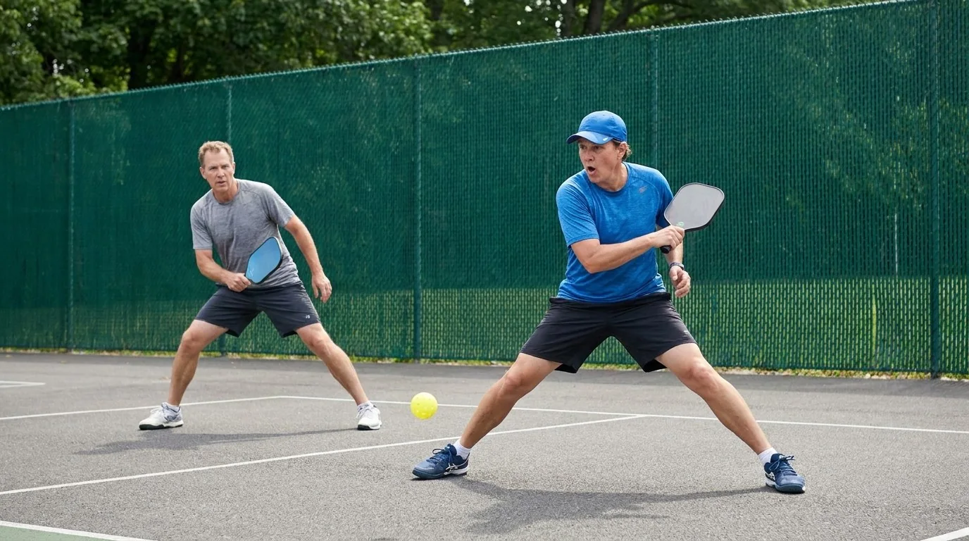 Pickleball-Doppel mit Lob, Seitentausch und Abdeckung des freien Raums