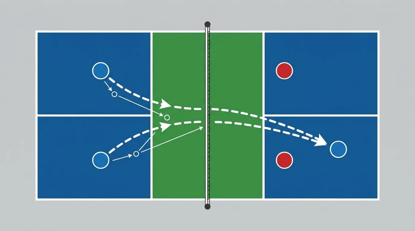 Overhead pickleball diagram showing a pair moving together while protecting the middle