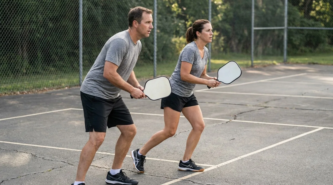 Two pickleball partners practicing connected lateral footwork at the kitchen line