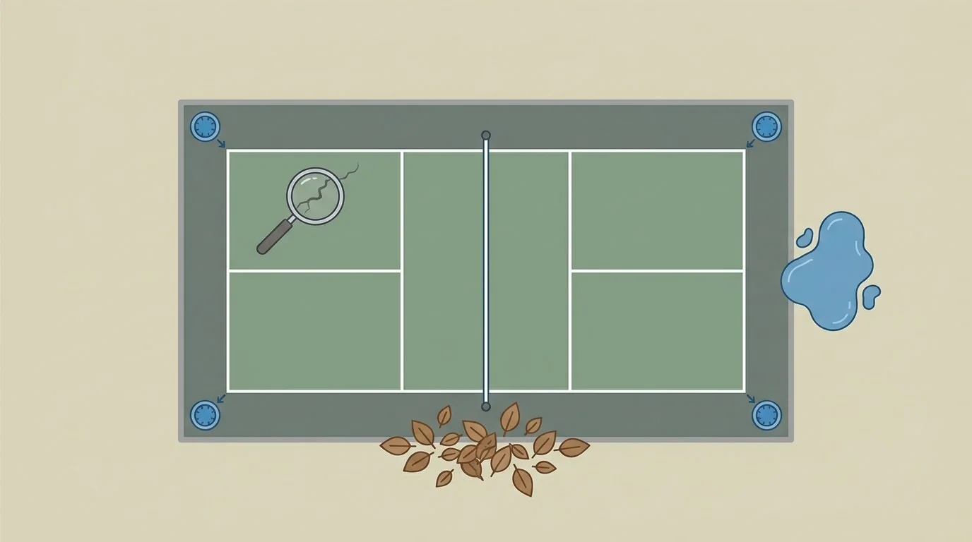 Sơ đồ kiểm tra lá rác, nước đọng, rãnh thoát nước và vết nứt trên sân pickleball