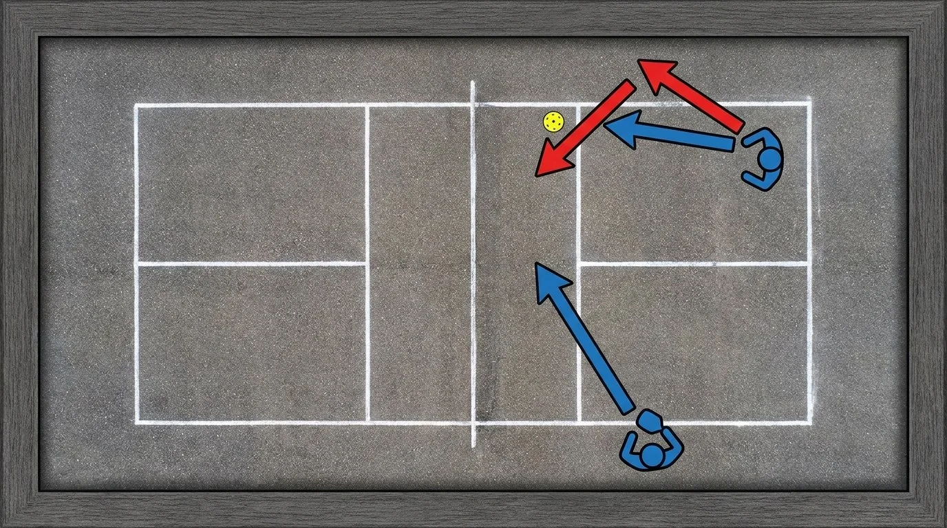 Zwei Pickleball-Partner verschieben sich gemeinsam und schützen die Mitte
