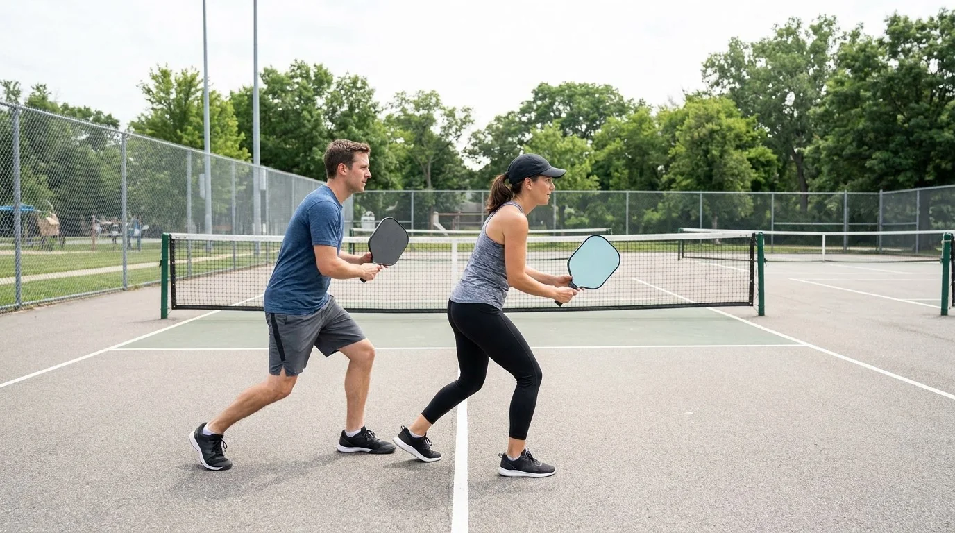 Pickleball-Doppel übt verbundene Seitwärtsbewegung und Rückkehr
