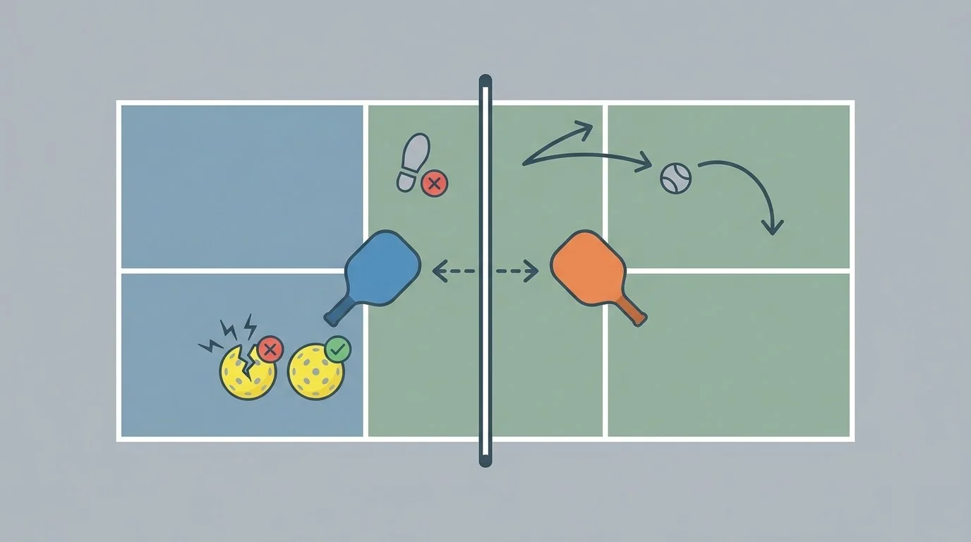 Sơ đồ sân pickleball với pha bóng dừng để kiểm tra và thay quả bóng